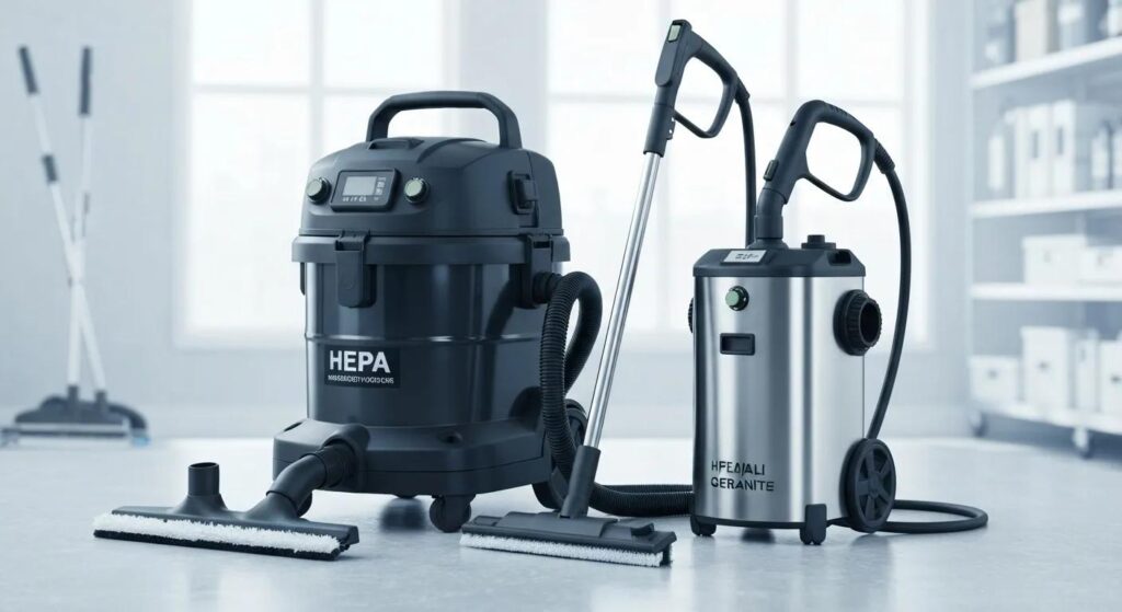 Specialized deep cleaning equipment including a HEPA vacuum and steam cleaner, showcasing professional cleaning tools
