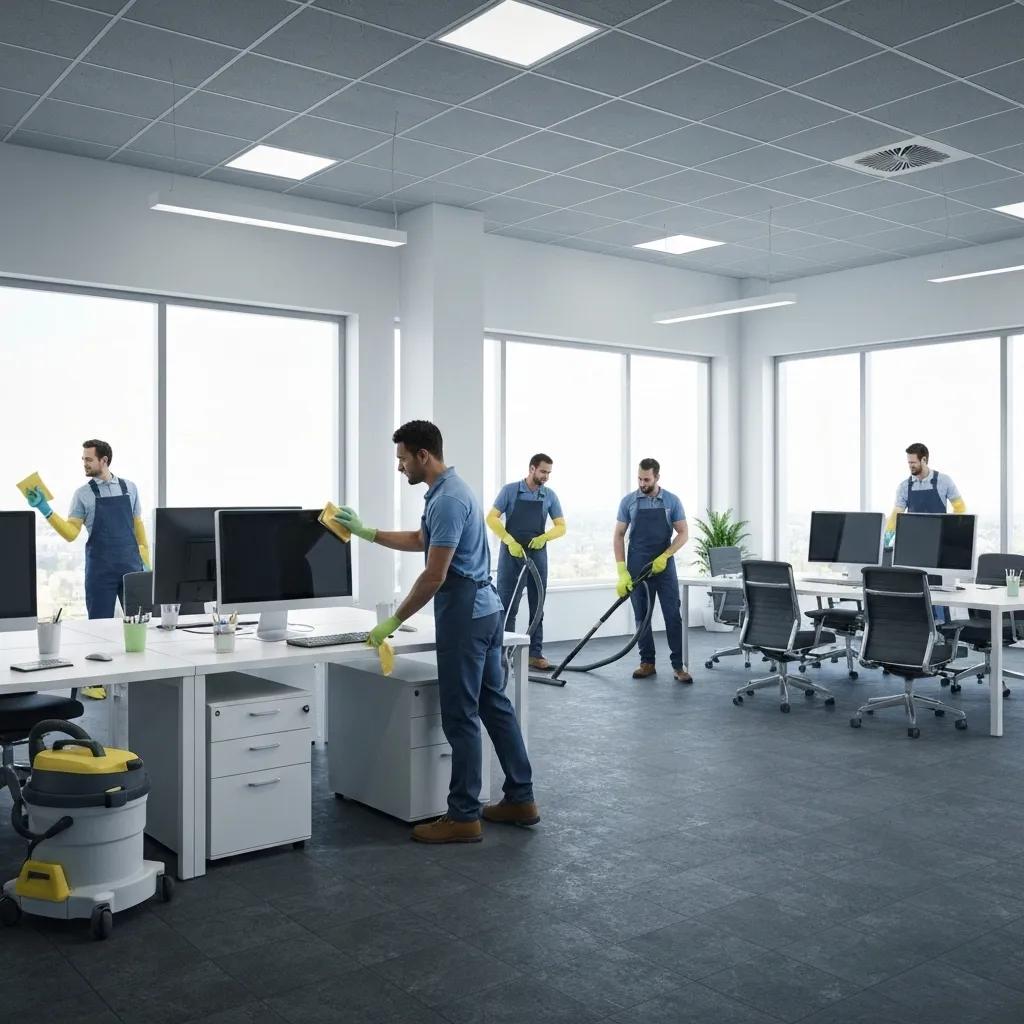 A dedicated commercial cleaning crew using advanced equipment to deep clean a modern office space