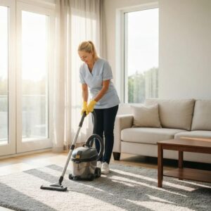 Professional deep cleaning service in a bright living room, emphasizing cleanliness and comfort