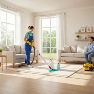 Professional cleaner deep cleaning a bright living room with eco-friendly products
