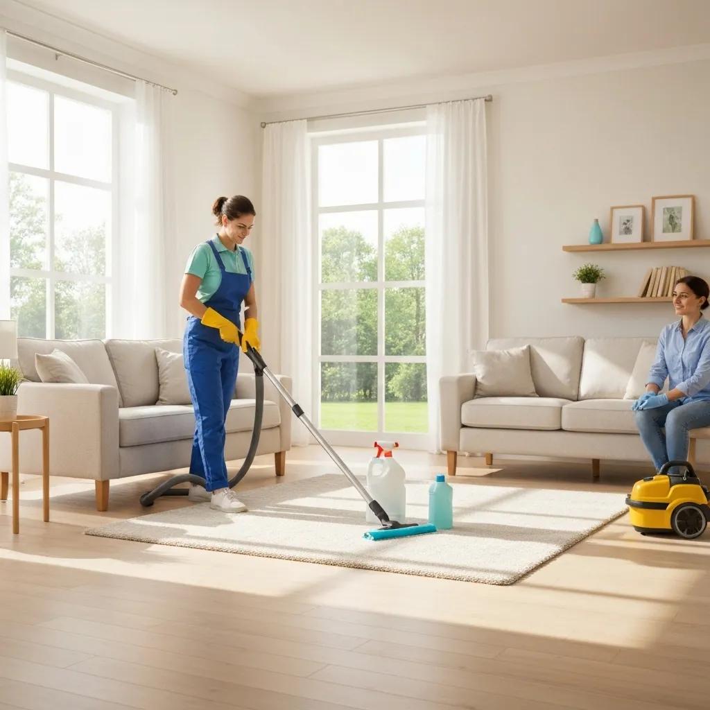 Professional cleaner deep cleaning a bright living room with eco-friendly products